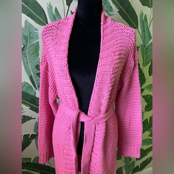 Vici Miracle Pink Belted Long Thick Knit Cardigan Sweater NWT M/L - Picture 2 of 5